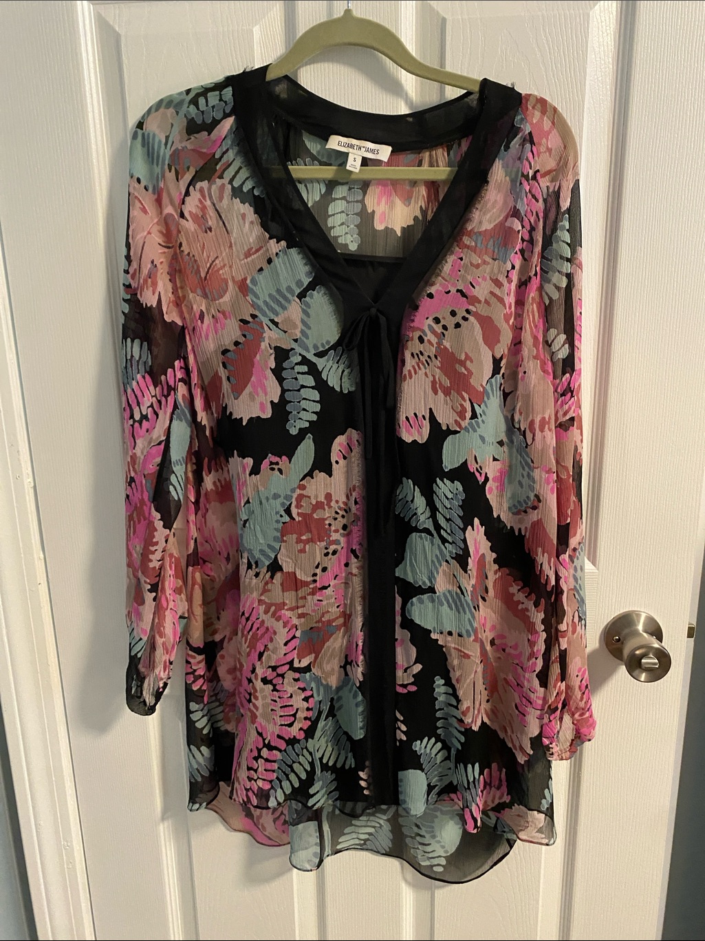 Elizabeth And James Black Sheer Floral Tunic With Pink & Teal Accents
